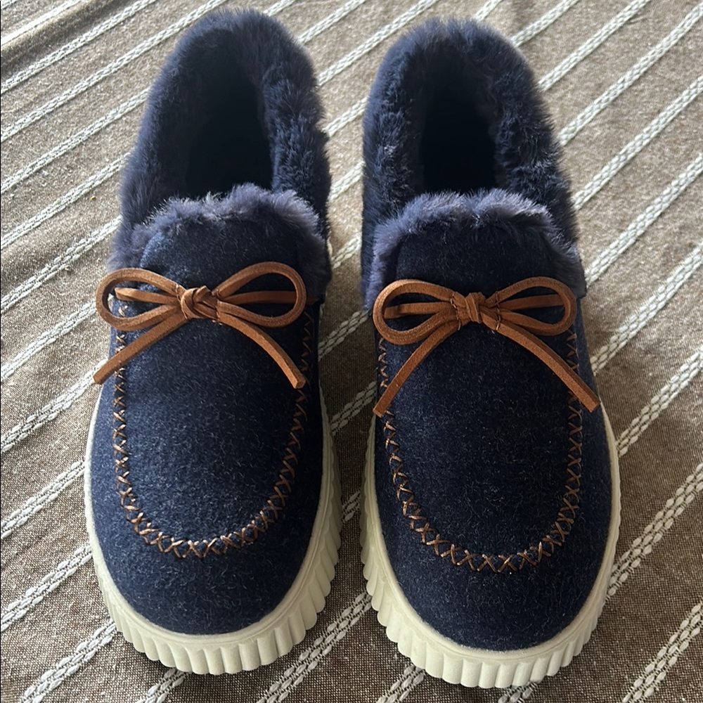 Womens Cozy Navy Moccasins with Brown Accents